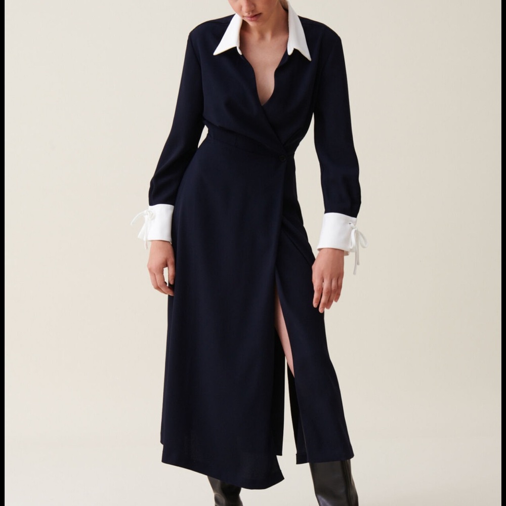 CLAUDIE PIERLOT Collared Midi Navy Wrap Dress Size 34
